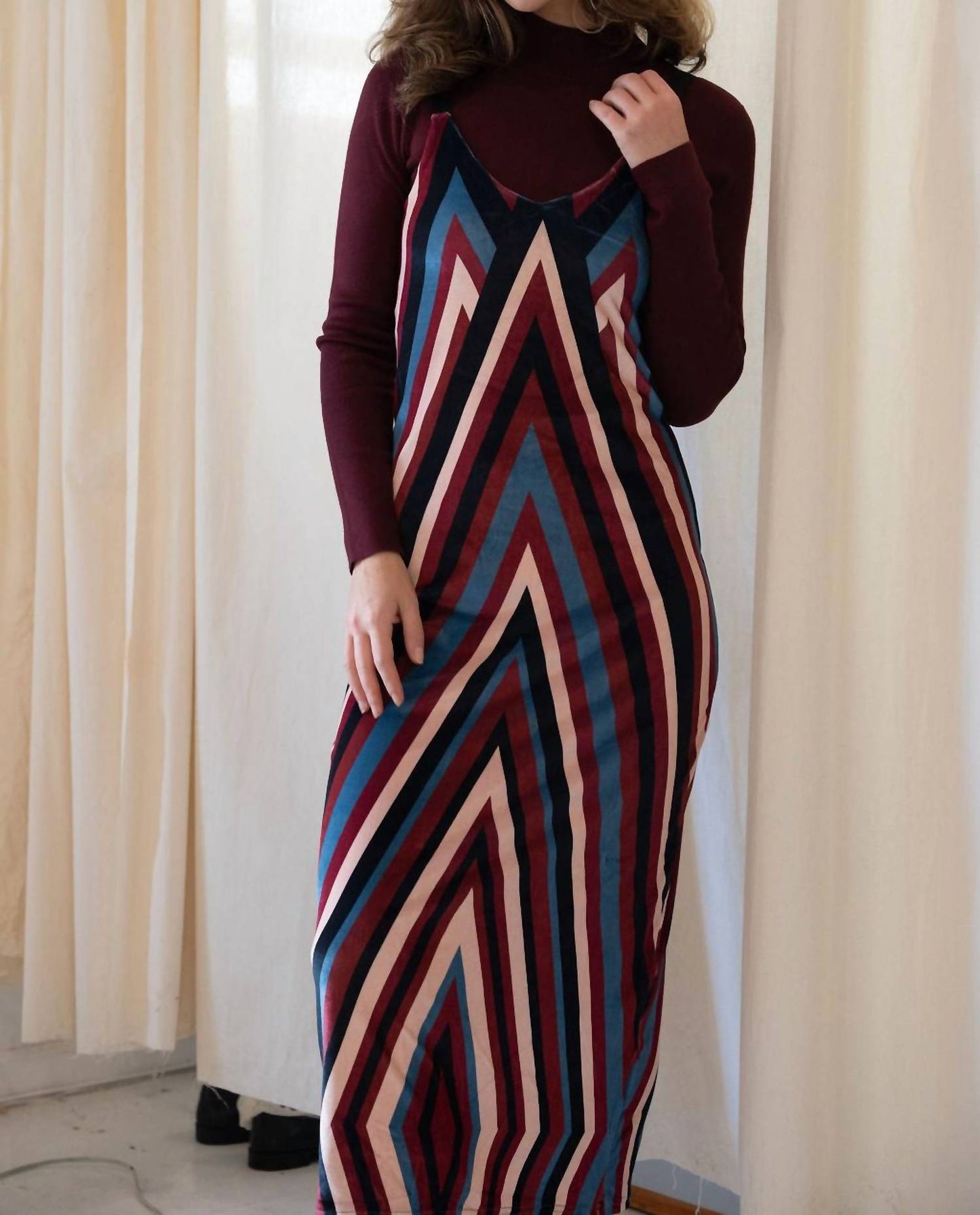 Mima Rosso - Velour Striped Pinafore Dress