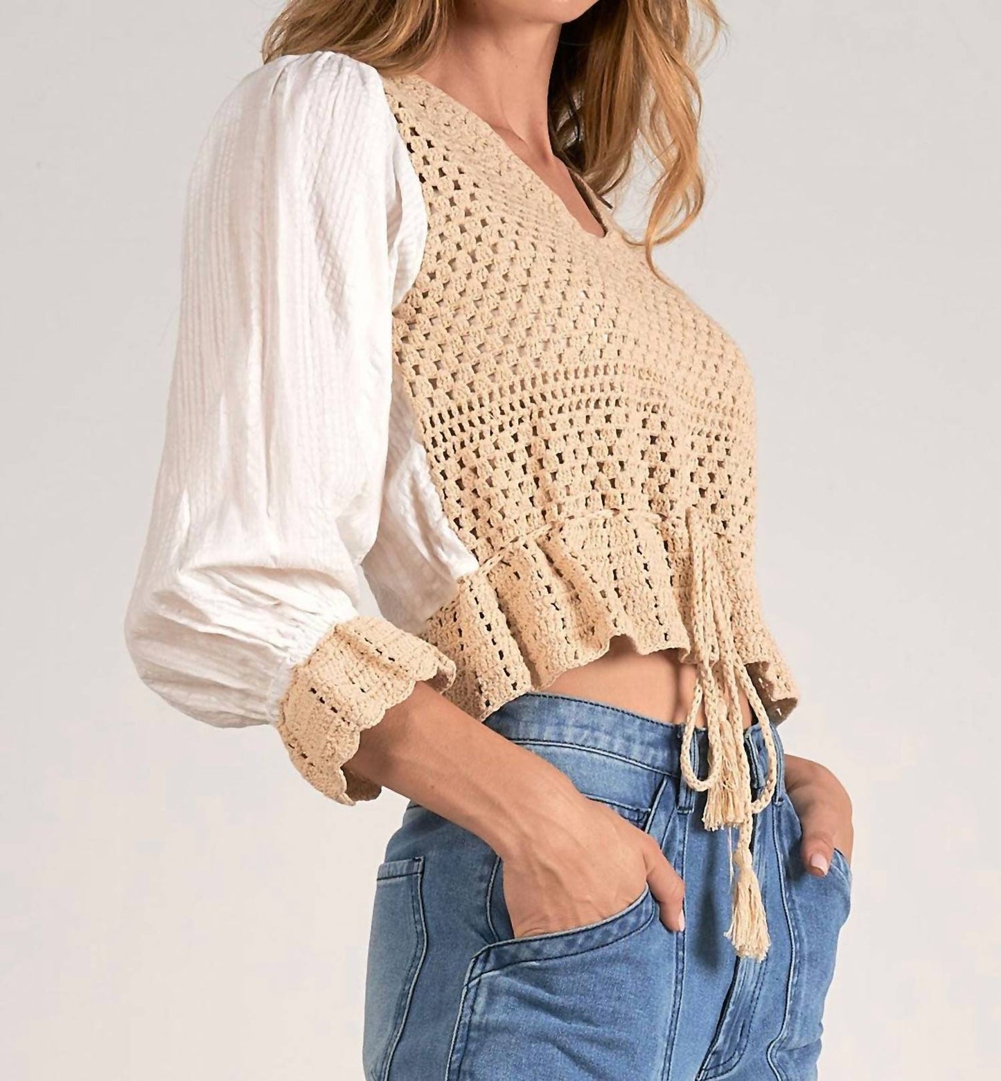 Elan - 3/4 Sleeve Crochet Yarn Top