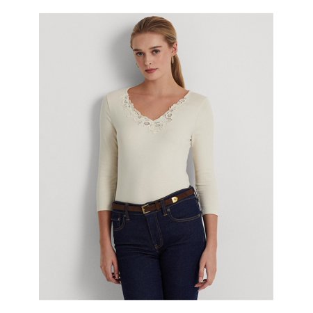 RALPH LAUREN Womens Beige Embroidered Lace V-neck 3/4 Sleeve V Neck T-Shirt S