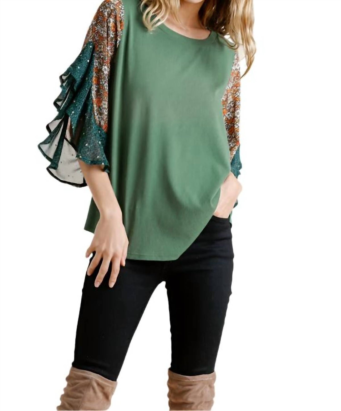 Umgee - Floral & Animal Bell Sleeve Top
