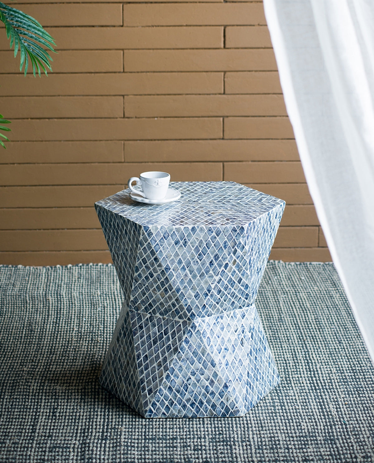 19x19x20" Tapered Blue Garden Capiz Stool, Accent Side Table