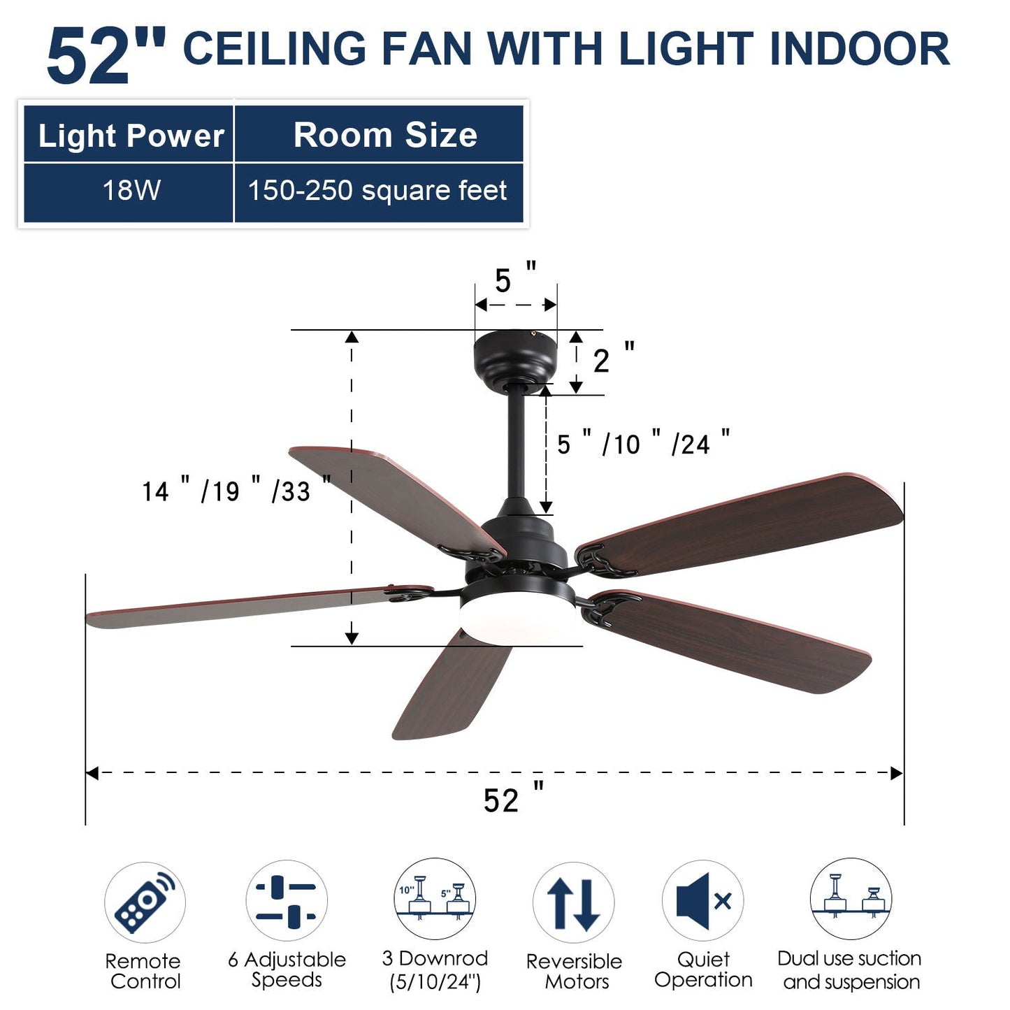Ceiling Fan With LED Light, 6-Speed Wind, 5 Blades, Remote Control DC Motor