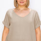 Coin Women's Gauze V Neck Rolled Sleeve Top Brown Size 3X