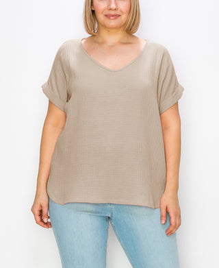 Coin Women's Gauze V Neck Rolled Sleeve Top Brown Size 3X