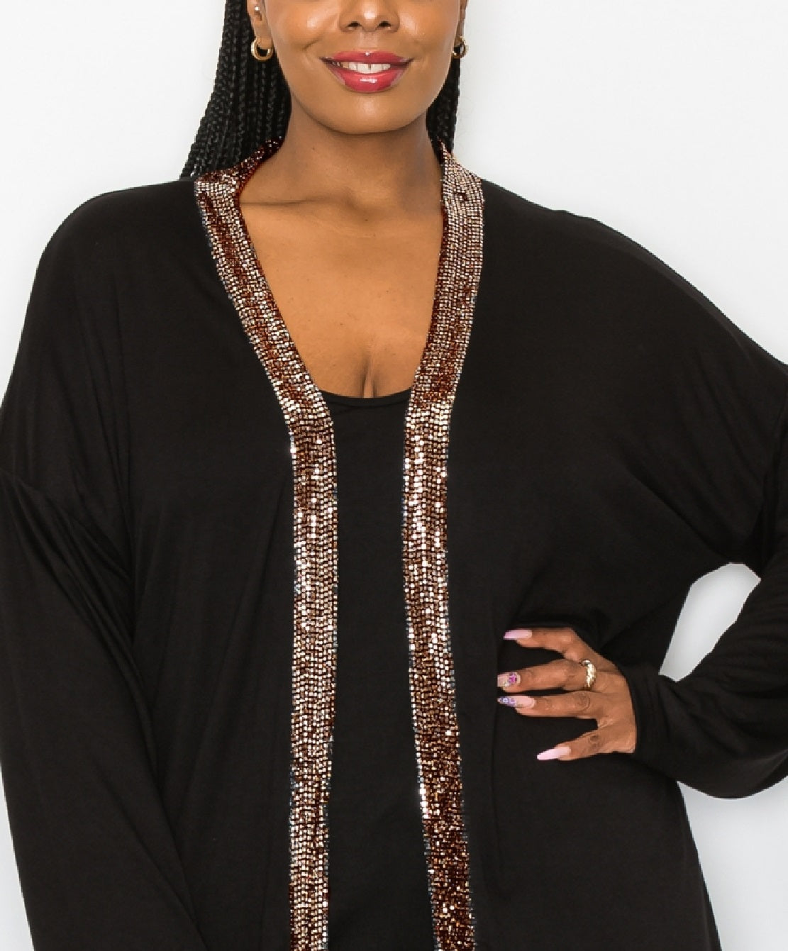 Coin Women's Sequin Contrast Cardigan Sweater Black Size 1X