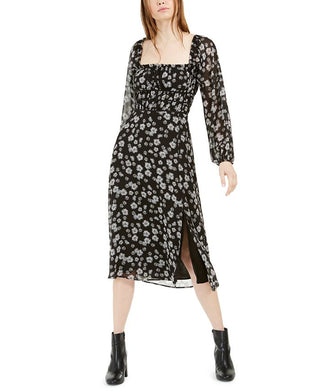 Leyden Women's Slitted Floral Square Neck Below the Knee Fit Flare Dress Black Size X-Small