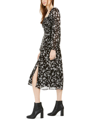 Leyden Women's Slitted Floral Square Neck Below the Knee Fit Flare Dress Black Size X-Small