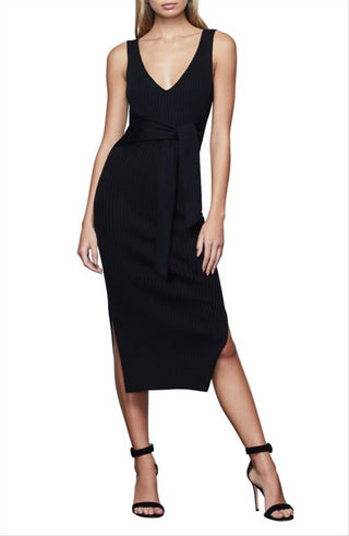 Good American Black Midi Dress, Rib Knit with Tie Waist, Size 001