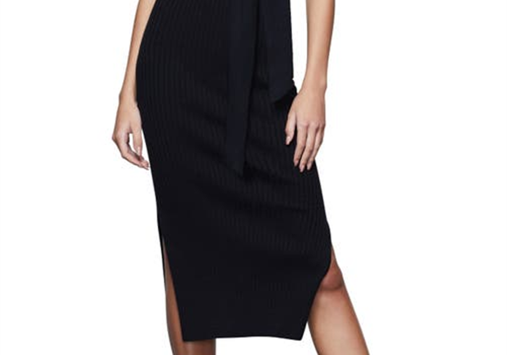 Good American Black Midi Dress, Rib Knit with Tie Waist, Size 001
