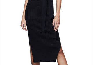 Good American Black Midi Dress, Rib Knit with Tie Waist, Size 001