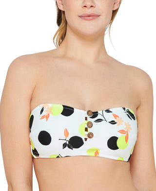 Hula Honey Women's Juniors' Citrus Geo-Printed Button Bandeau Bikini Top Swimsuit White Size Small