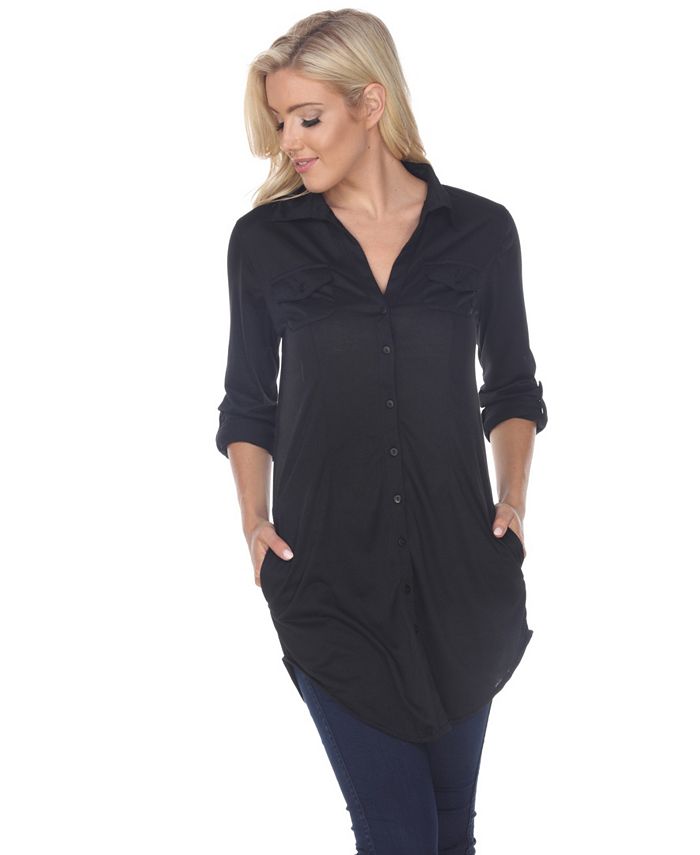 White Mark Women's Lakota Stretchy Button Down Tunic Black Size Medium
