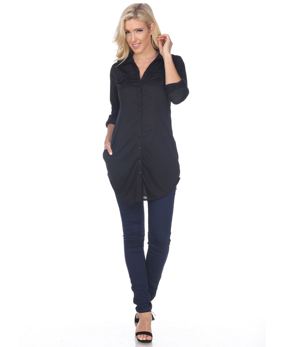 White Mark Women's Lakota Stretchy Button Down Tunic Black Size Medium