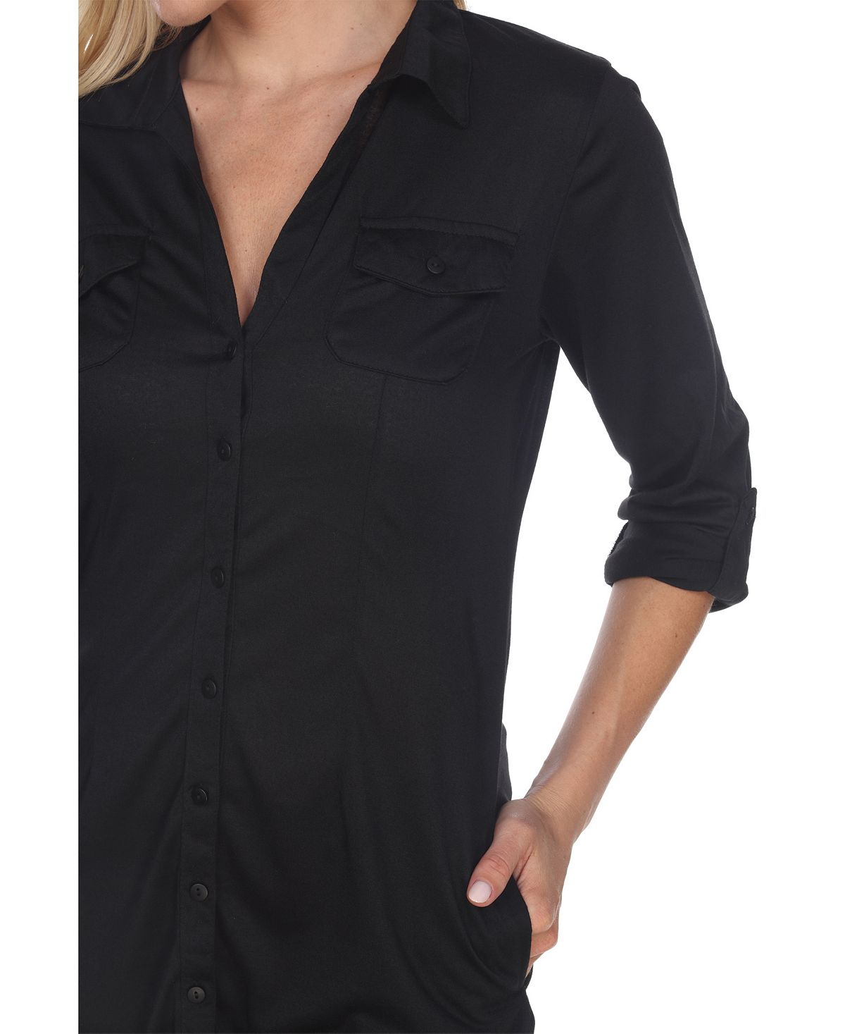 White Mark Women's Lakota Stretchy Button Down Tunic Black Size Medium