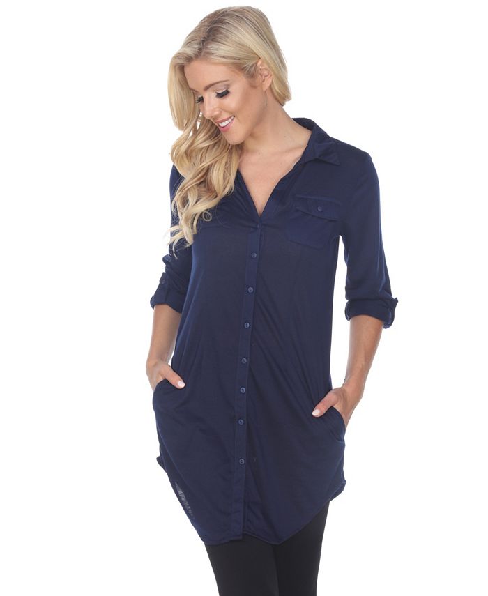 White Mark Women's Lakota Stretchy Button Down Tunic Blue Size Medium