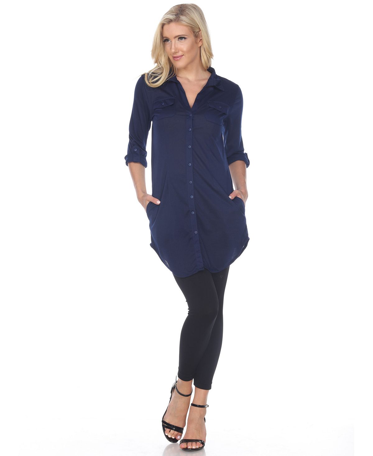White Mark Women's Lakota Stretchy Button Down Tunic Blue Size Medium