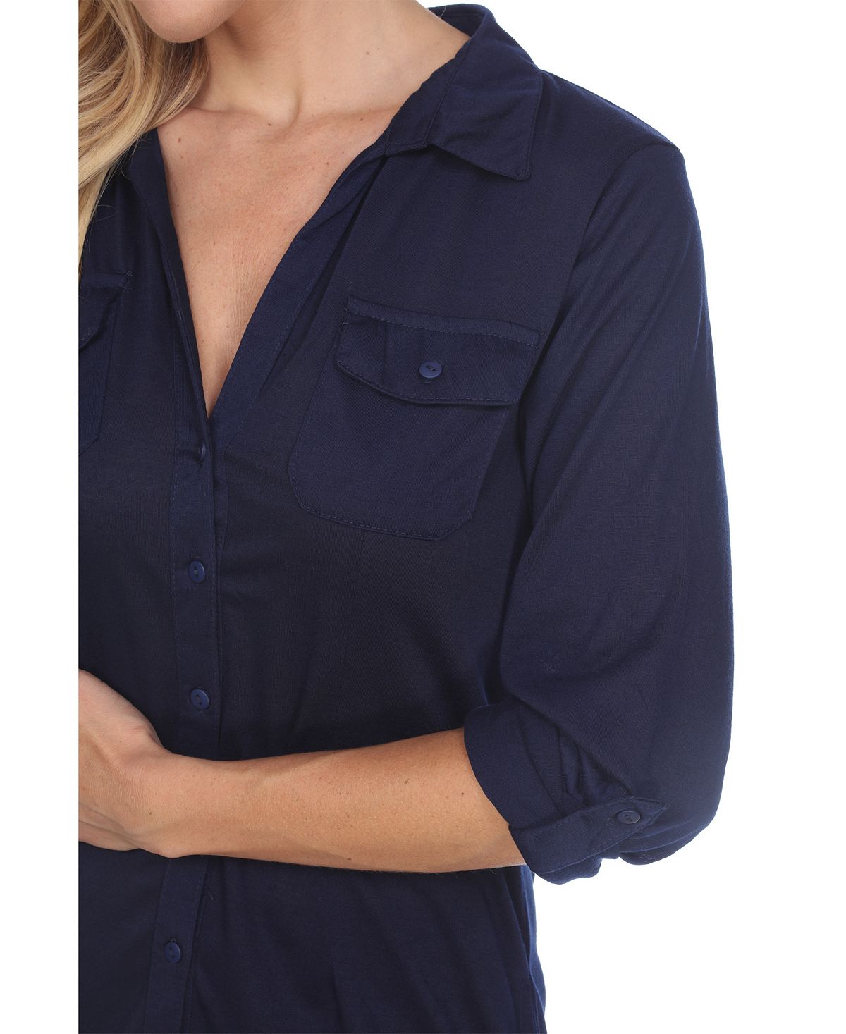 White Mark Women's Lakota Stretchy Button Down Tunic Blue Size Medium