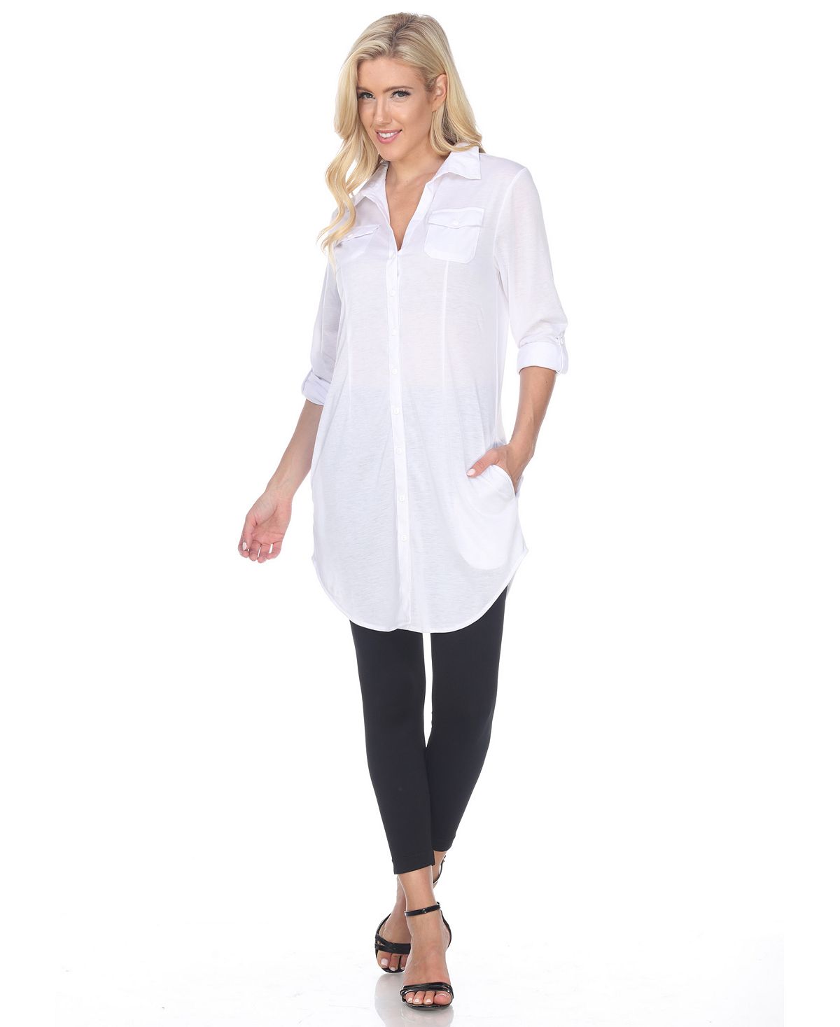 White Mark Women's Lakota Stretchy Button Down Tunic White Size Large