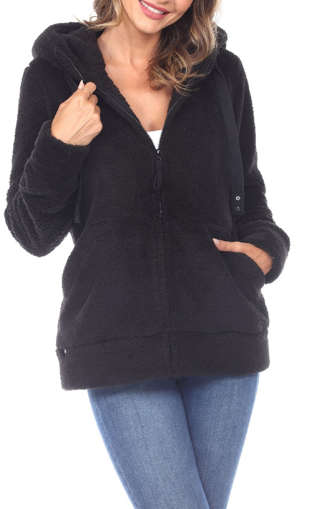 White Mark Women's Hooded Sherpa Jacket Black Size Large
