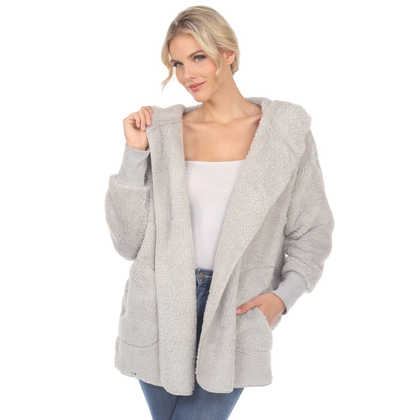 White Mark Women's Plush Hooded With Pockets Jacket Gray Size Medium
