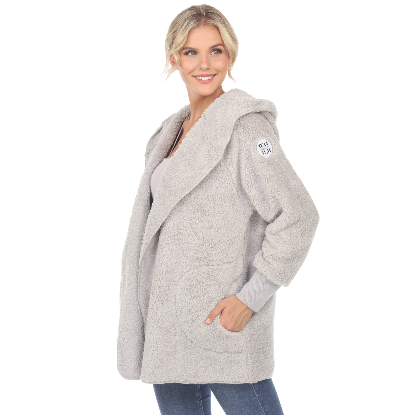White Mark Women's Plush Hooded With Pockets Jacket Gray Size Medium