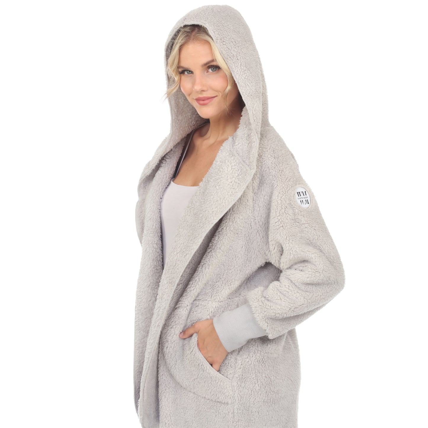 White Mark Women's Plush Hooded With Pockets Jacket Gray Size Medium