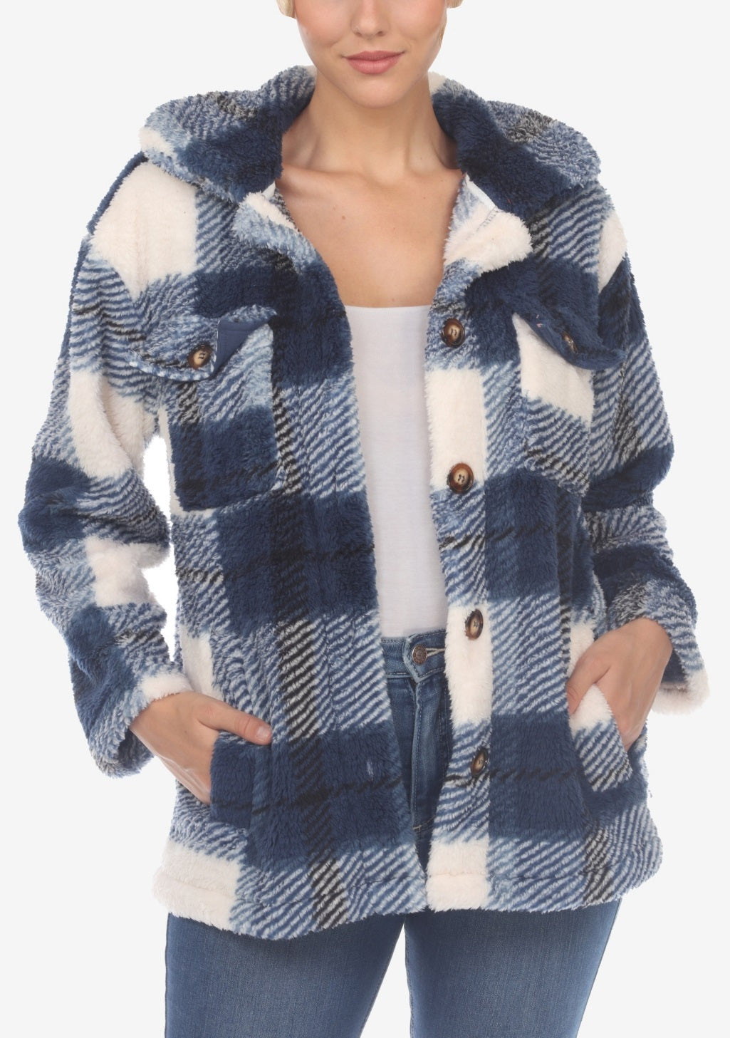 White Mark Women's Plaid Shacket Blue Size Large