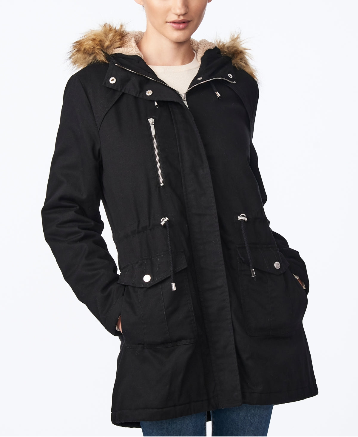 Collection B Junior's Faux Fur Trim Hooded Anorak Coat Black Size Medium