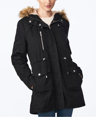 Collection B Junior's Faux Fur Trim Hooded Anorak Coat Black Size Medium