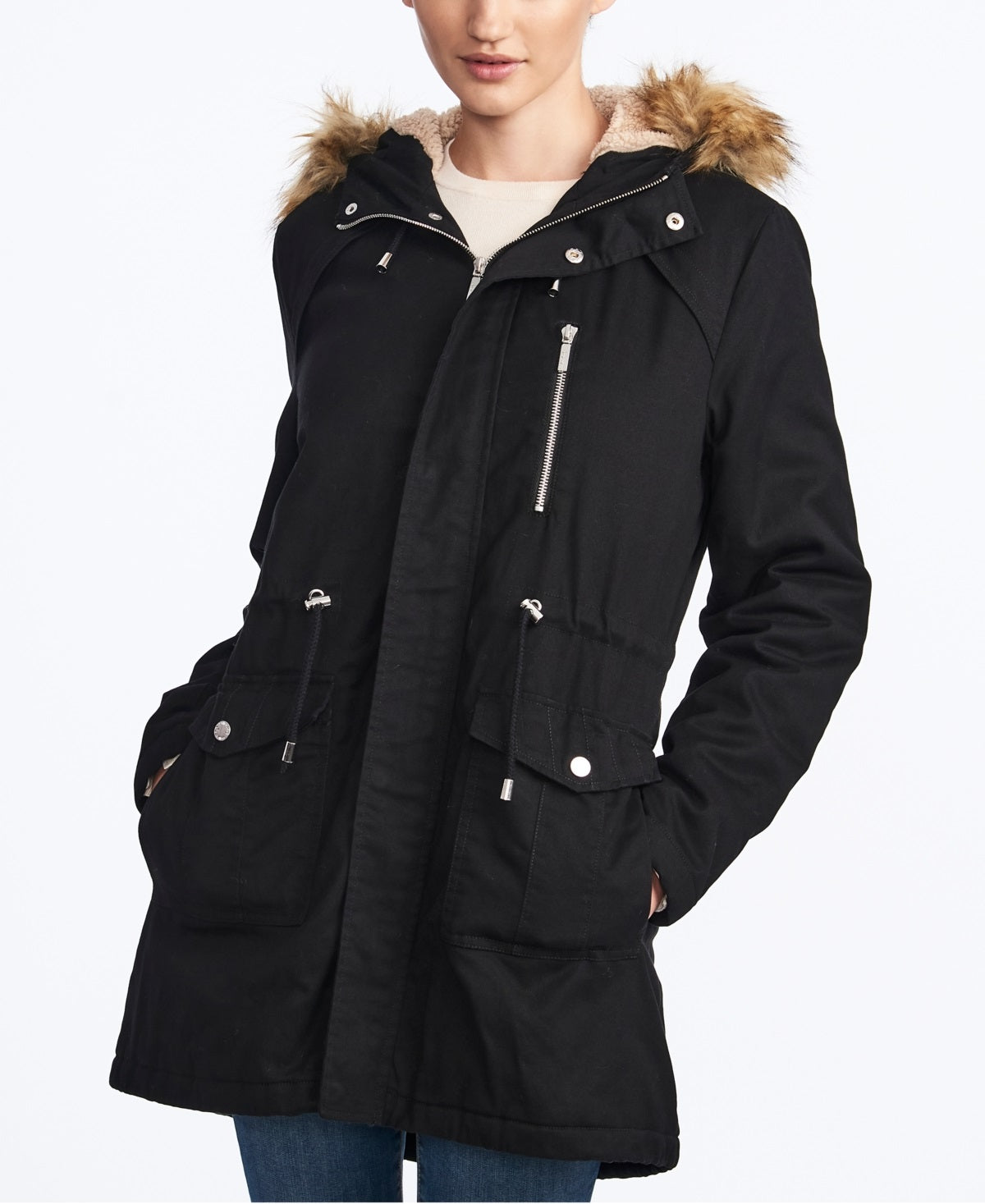 Collection B Junior's Faux Fur Trim Hooded Anorak Coat Black Size X-Large