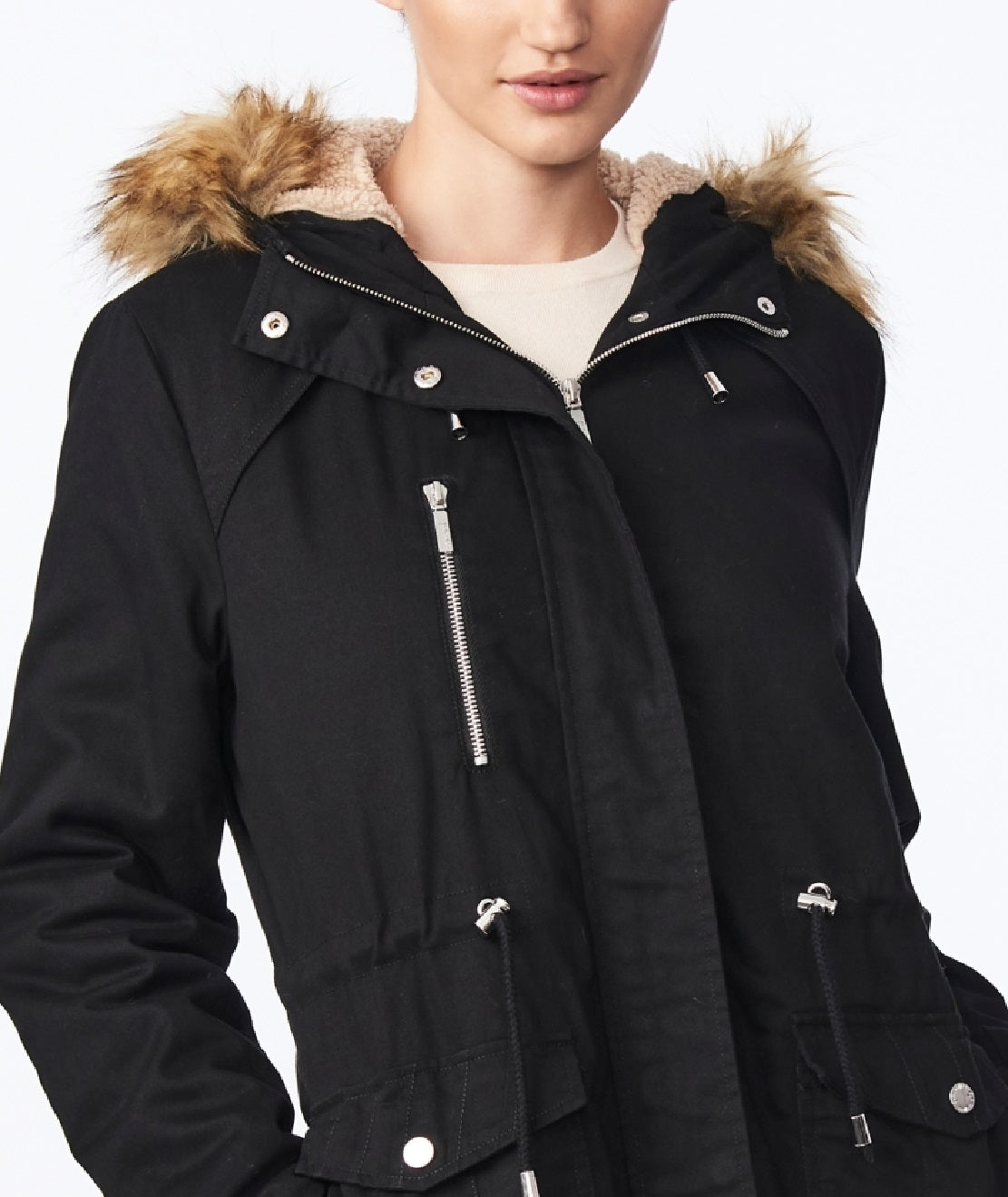 Collection B Junior's Faux Fur Trim Hooded Anorak Coat Black Size X-Large