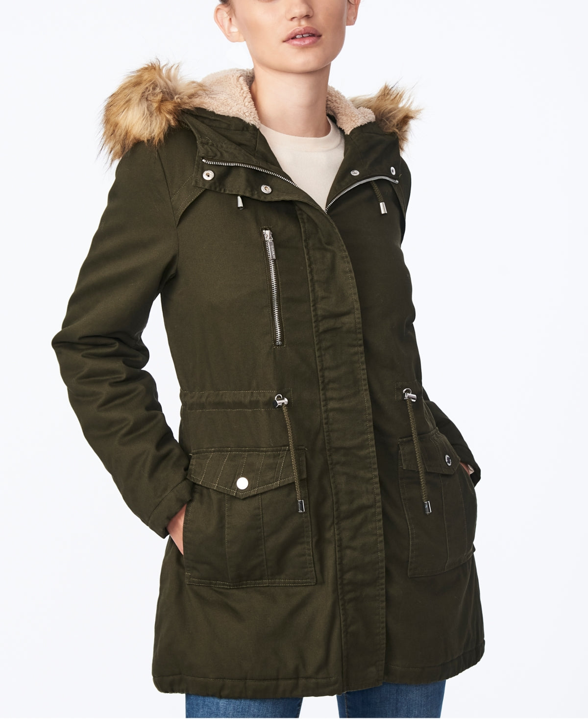 Collection B Junior's Faux Fur Trim Hooded Anorak Coat Green Size Medium