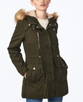 Collection B Junior's Faux Fur Trim Hooded Anorak Coat Green Size Medium