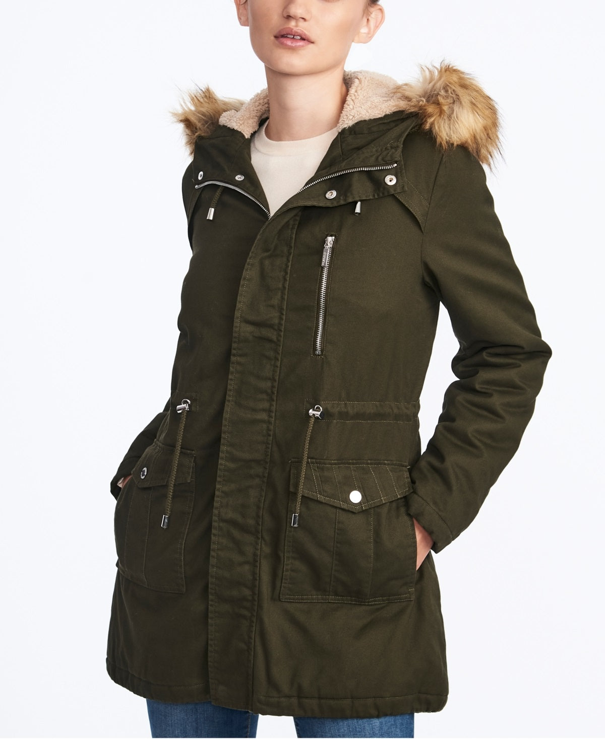 Collection B Junior's Faux Fur Trim Hooded Anorak Coat Green Size Medium