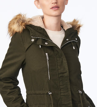 Collection B Junior's Faux Fur Trim Hooded Anorak Coat Green Size Medium