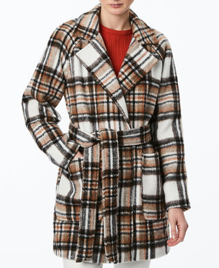 Collection B Junior's Plaid Belted Wrap Coat Brown Size Large