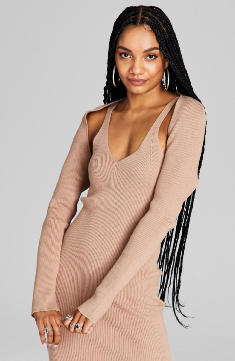 And Now This Women's Ribbed Knit Bodycon Dress & Shrug Brown Size Medium