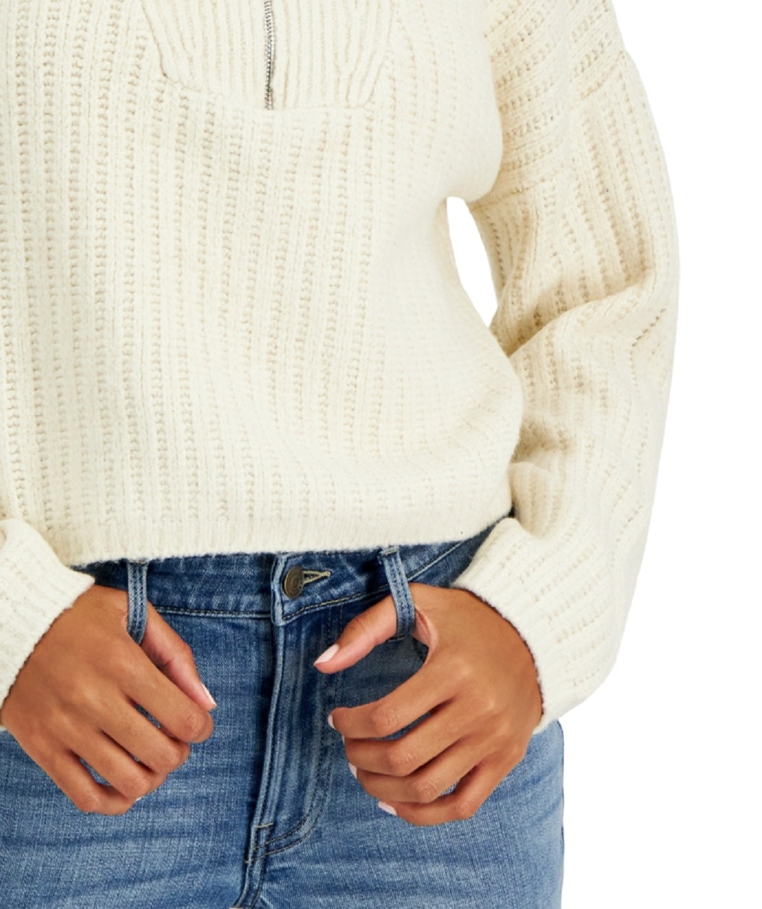 And Now This Women's Textured Quarter Zip Long Sleeve Sweater White Size Medium