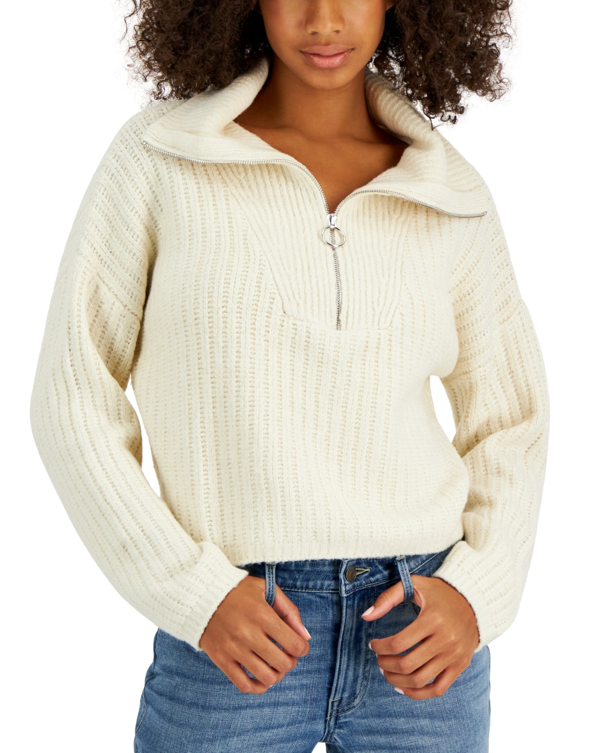 And Now This Women's Textured Quarter Zip Long Sleeve Sweater White Size Medium