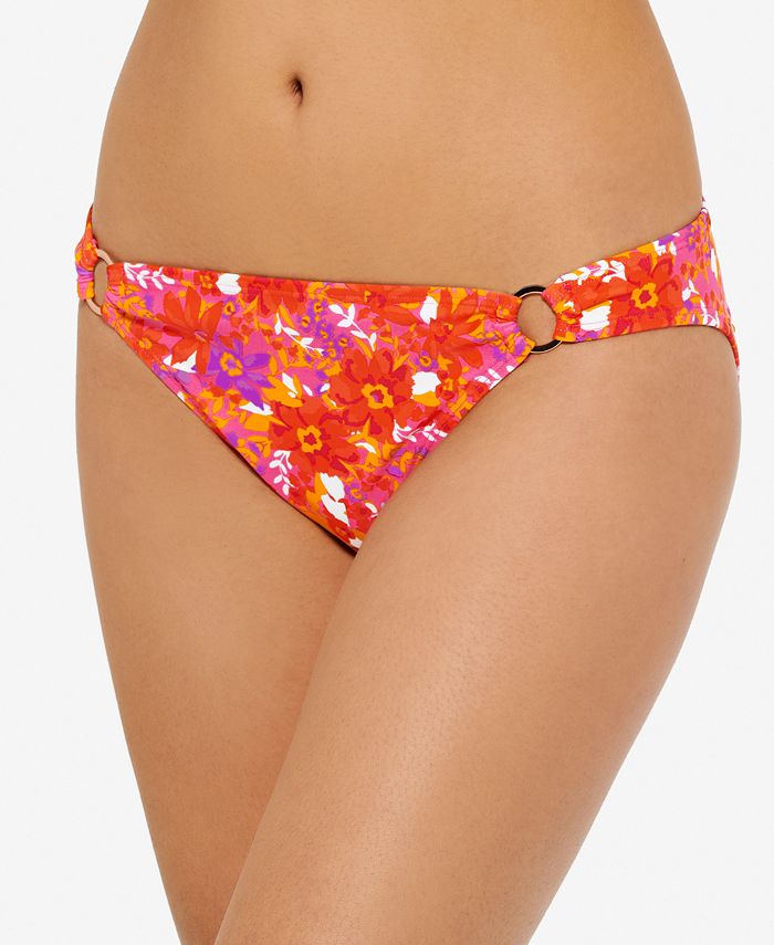 Hula Honey Women's Bold Bouquet Printed Ring Bikini Bottoms Orange Size Medium