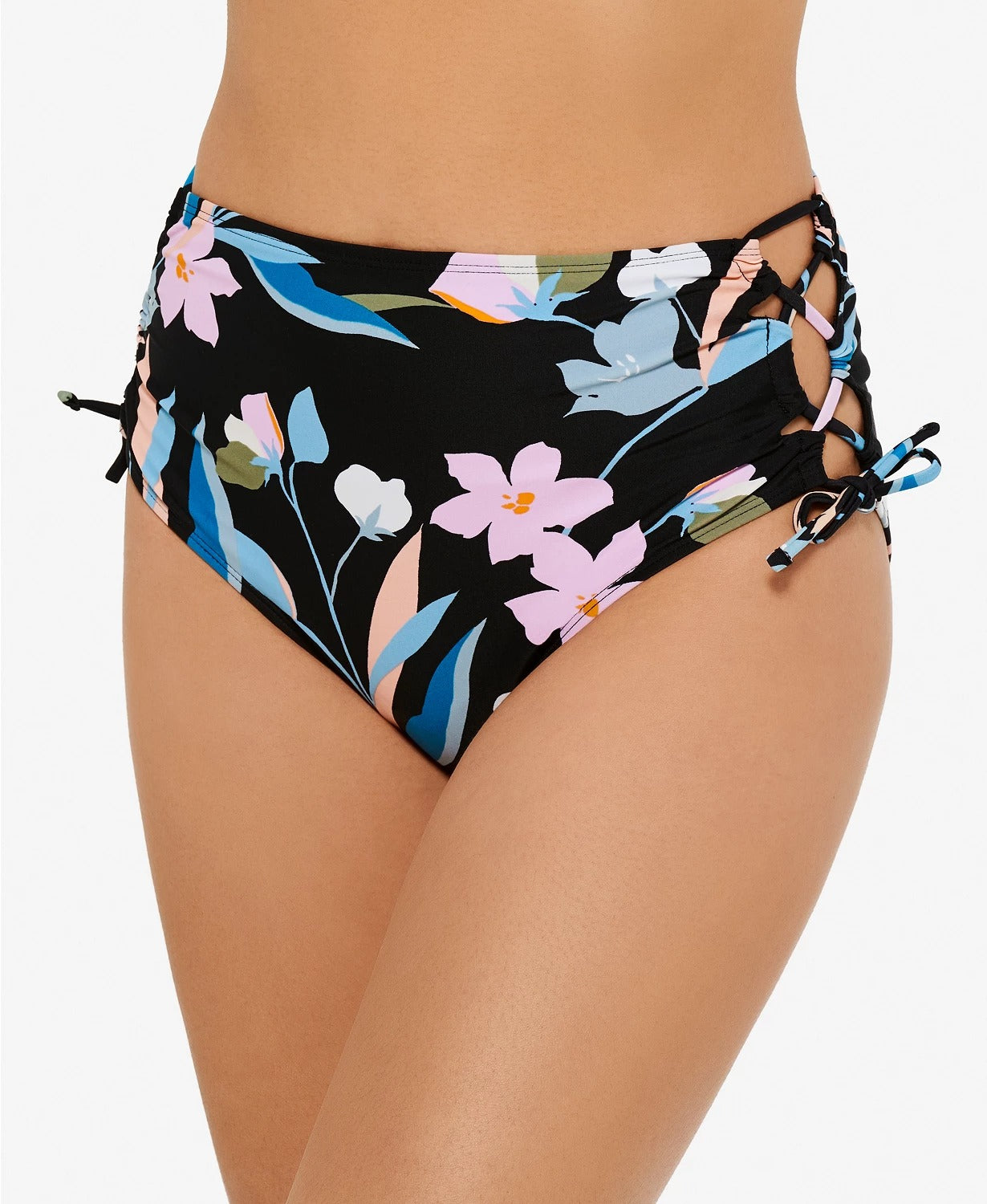 Hula Honey Women's Flourishing Floral High Waist Bikini Bottom Black Size X-Large