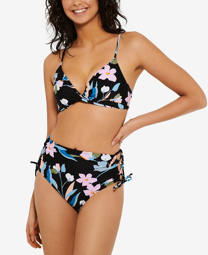 Hula Honey Women's Flourishing Floral High Waist Bikini Bottom Black Size X-Large