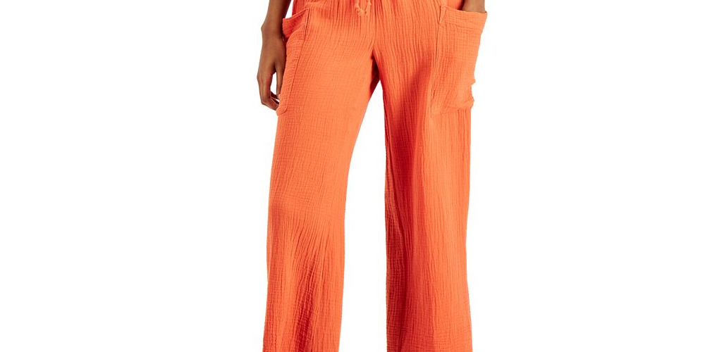 Indigo Rein Women's Junior's Cotton Gauze Wide Leg Crop Drawstring Pants Orange Size M