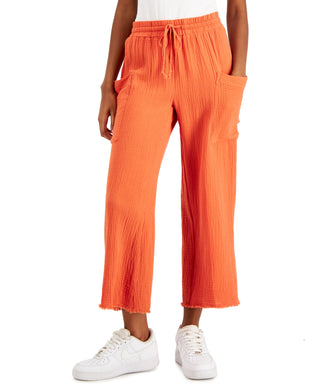 Indigo Rein Women's Junior's Cotton Gauze Wide Leg Crop Drawstring Pants Orange Size M