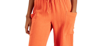 Indigo Rein Women's Junior's Cotton Gauze Wide Leg Crop Drawstring Pants Orange Size M