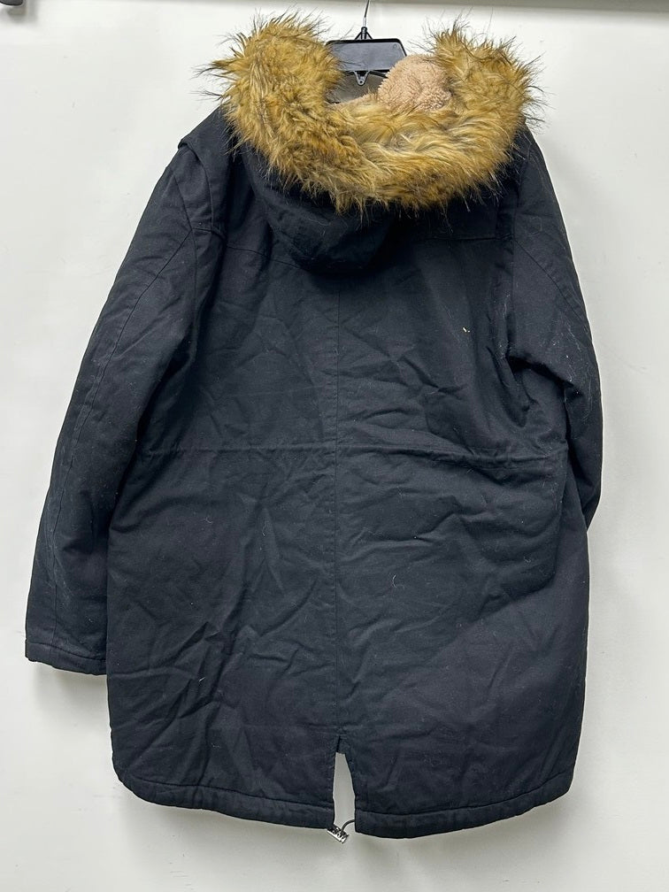 Collection B Women's Junior's Faux Fur Trim Hooded Anorak Coat Black Size X-Large
