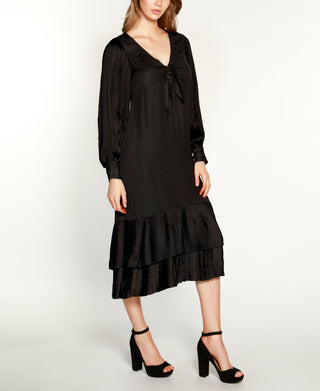 Belldini Women's Pleated Ruffle Midi Dress Black Size Small