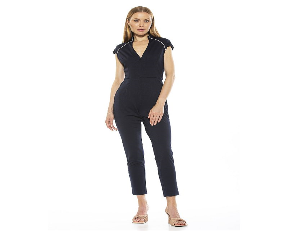 ALEXIA ADMOR Women's Large Blue Niamah Military Neck Jumpsuit
