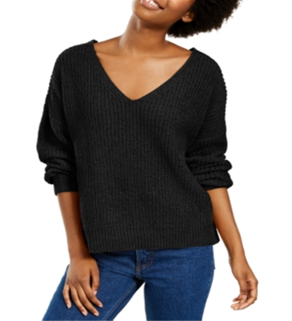Hippie Rose Junior's Chenille V Neck Sweater Black Size X-Small