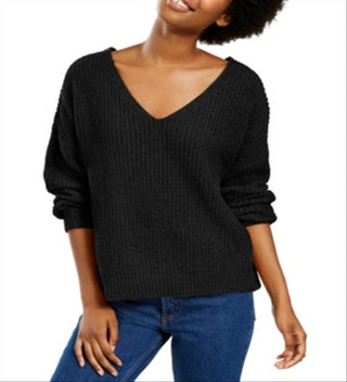 Hippie Rose Junior's Chenille V Neck Sweater Black Size X-Small